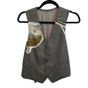 Gray Striped Vest With Gold and Silver Detail Fits Like A Medium